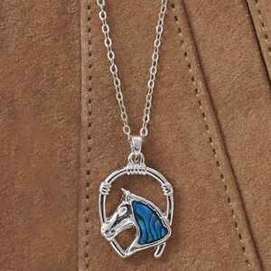 Abalone Shell Horse Framed with Horseshoe Necklace - New In Package